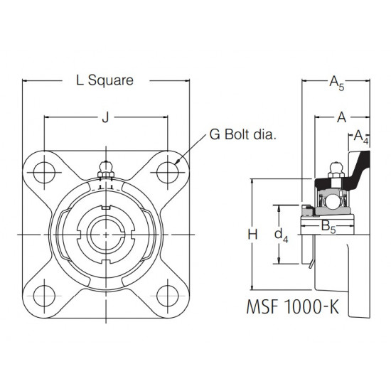MSF1035-30K RHP 4 Bolt Square Cast Iron Flange Bearing Unit with Adapter Sleeve and a 30mm Shaft Dia.